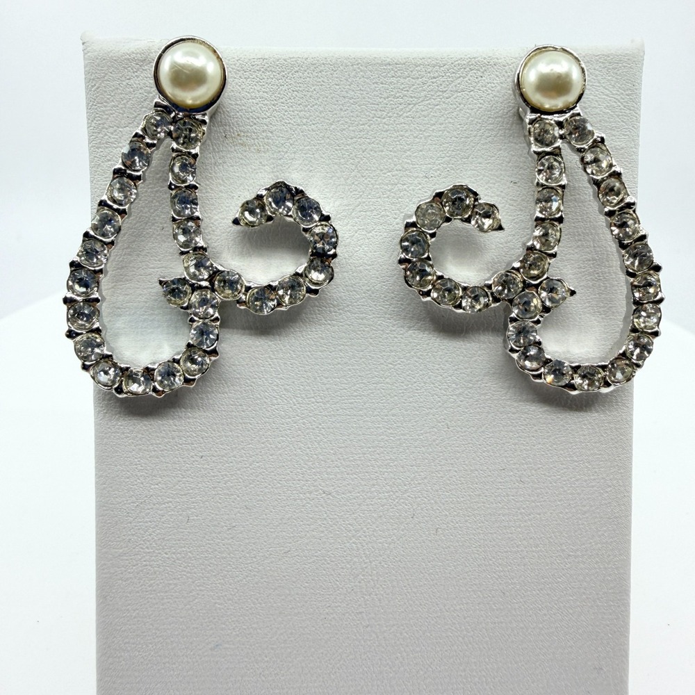 Vintage Y2K Silver Tone Rhinestone Abstract Open Loop Faux Pearl Post Earrings